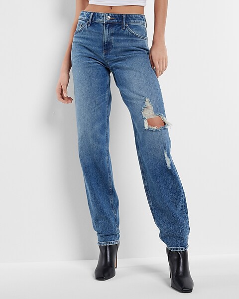 Mid Rise Medium Wash Ripped Baggy Tapered Jeans | Express