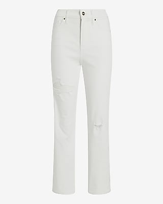 High Waisted White Ripped Straight Ankle Jeans