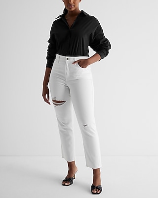 High Waisted White Ripped Straight Ankle Jeans