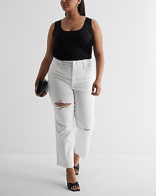 High Waisted White Ripped Straight Ankle Jeans