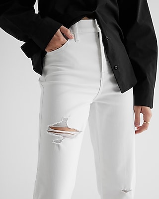 High Waisted White Ripped Straight Ankle Jeans