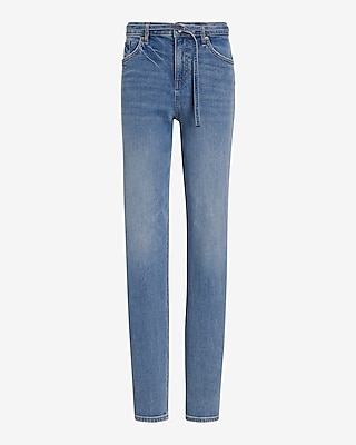 Mid Rise Medium Wash Belted Baggy Tapered Jeans