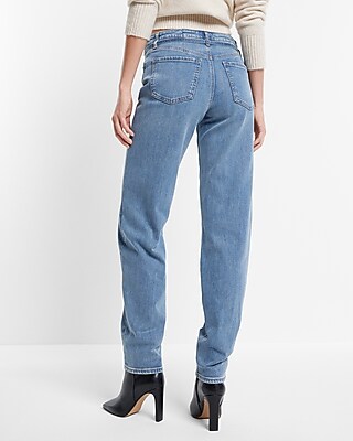 Mid Rise Medium Wash Belted Baggy Tapered Jeans