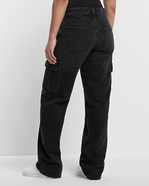 Low Rise Washed Black Baggy Straight Cargo Jeans
