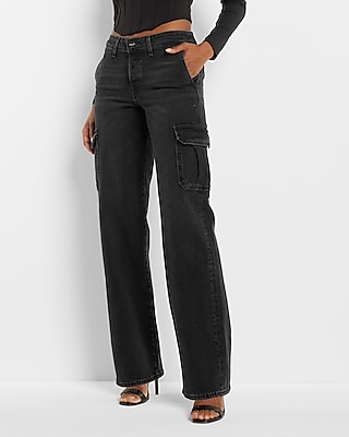 Low Rise Washed Black Baggy Straight Cargo Jeans Express