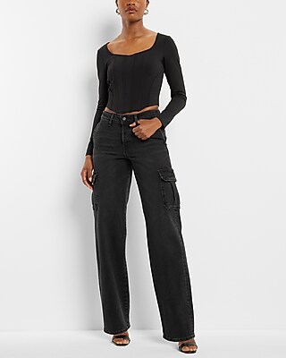 Low Rise Washed Black Baggy Straight Cargo Jeans Express