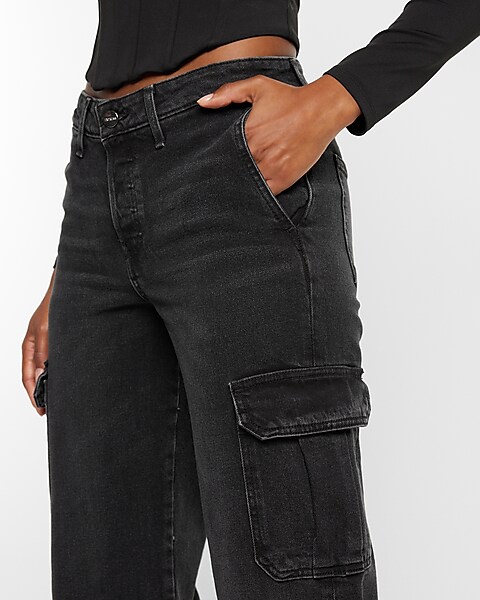 Low Rise Washed Black Baggy Straight Cargo Jeans