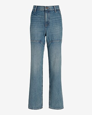 Super High Waisted Medium Wash Utility Modern Straight Jeans