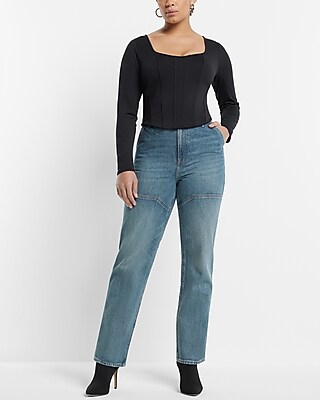 Super High Waisted Medium Wash Utility Modern Straight Jeans - image 5