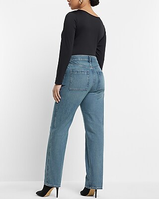 Super High Waisted Medium Wash Utility Modern Straight Jeans