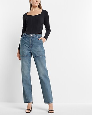 Super High Waisted Medium Wash Utility Modern Straight Jeans - image 2
