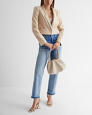 High Waisted Medium Wash Drop Hem Straight Ankle Jeans