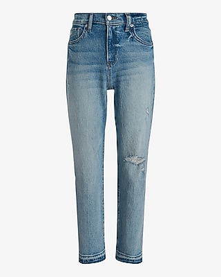 High Waisted Medium Wash Drop Hem Straight Ankle Jeans