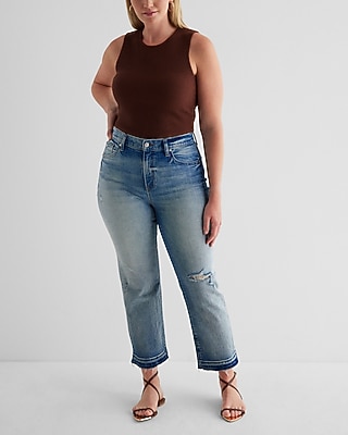 High Waisted Medium Wash Drop Hem Straight Ankle Jeans