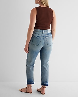 High Waisted Medium Wash Drop Hem Straight Ankle Jeans
