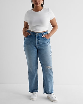 High Waisted Medium Wash Drop Hem Straight Ankle Jeans