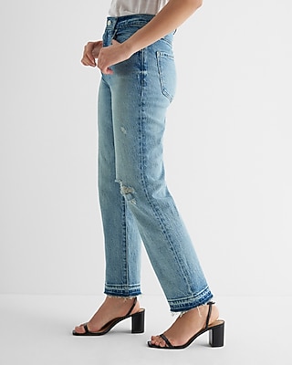 High Waisted Medium Wash Drop Hem Straight Ankle Jeans