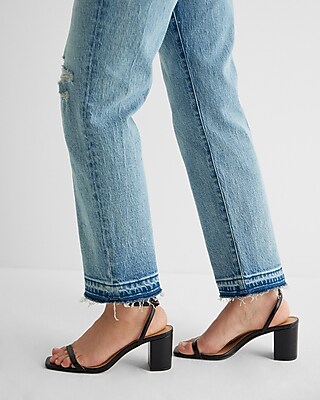 High Waisted Medium Wash Drop Hem Straight Ankle Jeans