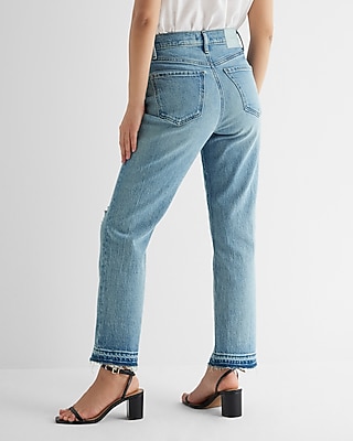 High Waisted Medium Wash Drop Hem Straight Ankle Jeans