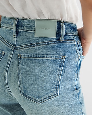 High Waisted Medium Wash Drop Hem Straight Ankle Jeans