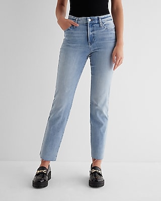 High Waisted Light Wash Raw Hem FlexX Straight Ankle Jeans