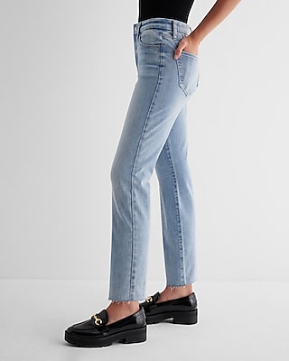 High Waisted Light Wash Raw Hem FlexX Straight Ankle Jeans