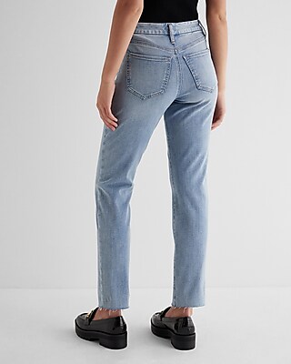 High Waisted Light Wash Raw Hem FlexX Straight Ankle Jeans