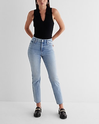 High Waisted Light Wash Raw Hem FlexX Straight Ankle Jeans