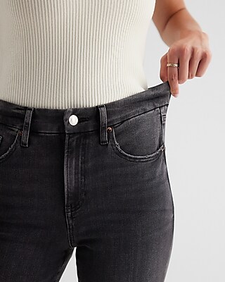 High Waisted Washed Black Raw Hem FlexX Straight Ankle Jeans