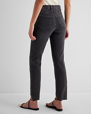 High Waisted Washed Black Raw Hem FlexX Straight Ankle Jeans