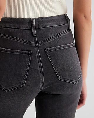 High Waisted Washed Black Raw Hem FlexX Straight Ankle Jeans