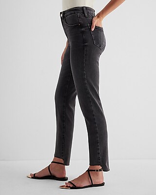 High Waisted Washed Black Raw Hem FlexX Straight Ankle Jeans