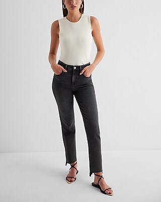 High Waisted Washed Black Raw Hem FlexX Straight Ankle Jeans
