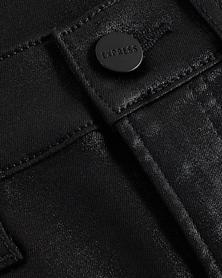 High Waisted Black Coated Raw Split Hem Modern Straight Jeans