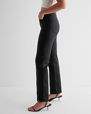 High Waisted Black Coated Raw Split Hem Modern Straight Jeans