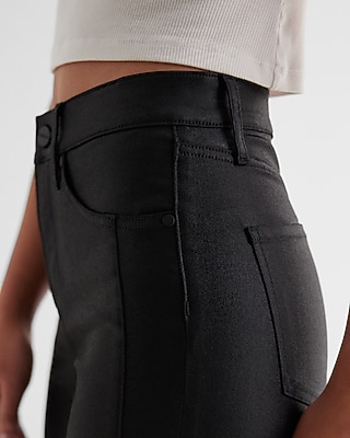 High Waisted Black Coated Raw Split Hem Modern Straight Jeans