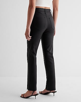 High Waisted Black Coated Raw Split Hem Modern Straight Jeans