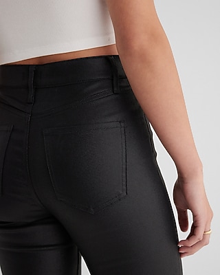 High Waisted Black Coated Raw Split Hem Modern Straight Jeans