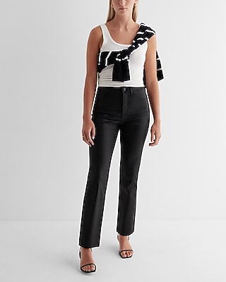 High Waisted Black Coated Raw Split Hem Modern Straight Jeans