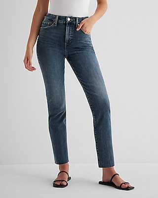 High Waisted Dark Wash Raw Hem FlexX Straight Ankle Jeans