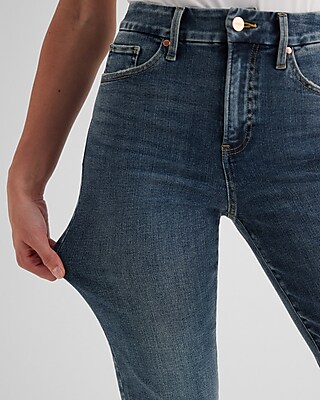 High Waisted Dark Wash Raw Hem FlexX Straight Ankle Jeans