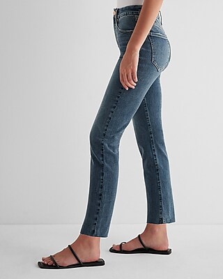 High Waisted Dark Wash Raw Hem FlexX Straight Ankle Jeans