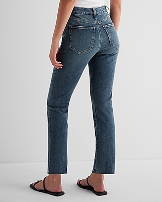 High Waisted Dark Wash Raw Hem FlexX Straight Ankle Jeans