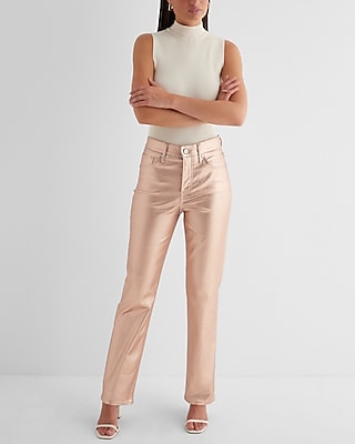 High Waisted Metallic Coated Modern Straight Jeans