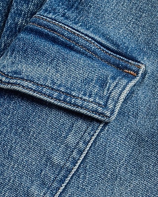 High Waisted Medium Wash Straight Ankle Cargo Jeans