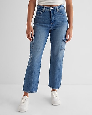 High Waisted Medium Wash Straight Ankle Cargo Jeans