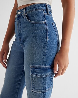 High Waisted Medium Wash Straight Ankle Cargo Jeans