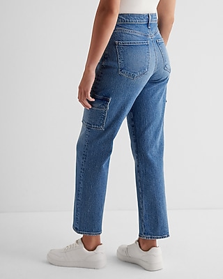 High Waisted Medium Wash Straight Ankle Cargo Jeans
