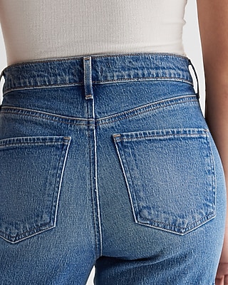High Waisted Medium Wash Straight Ankle Cargo Jeans