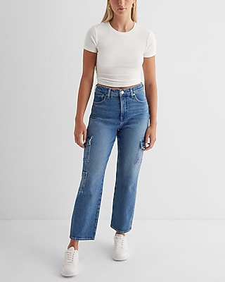 High Waisted Medium Wash Straight Ankle Cargo Jeans